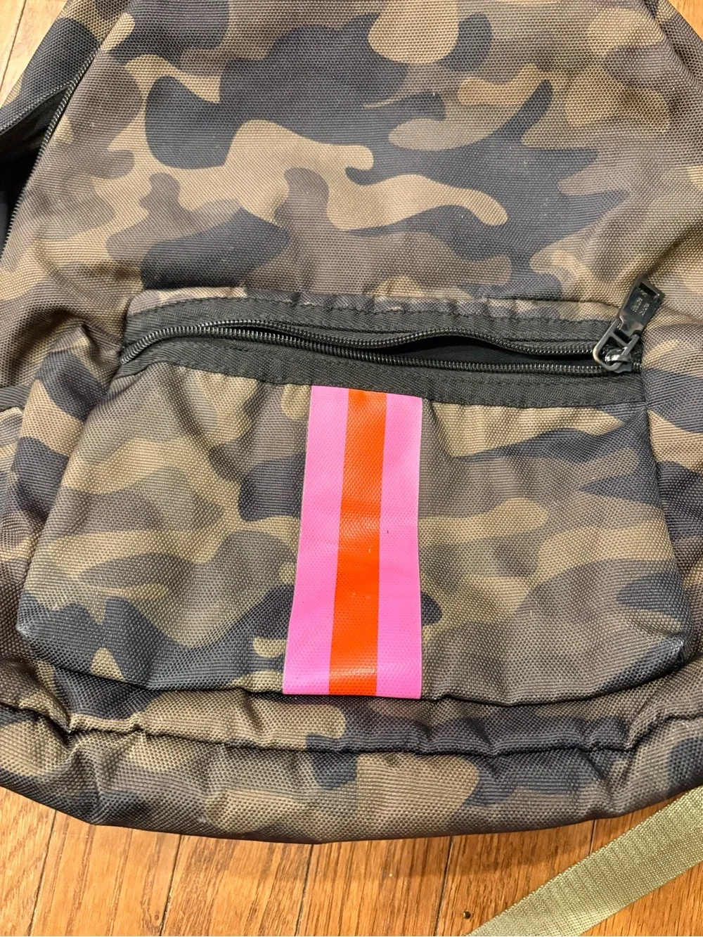 Haute Shore Camo Backpack with Pink & Orange Stripe
